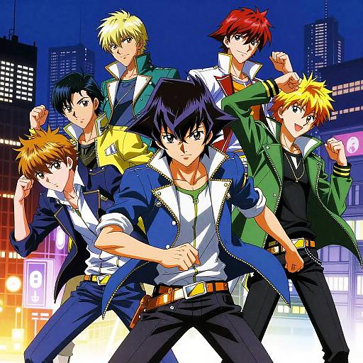 Anime-style drawing of seven male characters with varied hair colors and outfits, posing confidently in a vibrant, neon-lit cityscape at night.