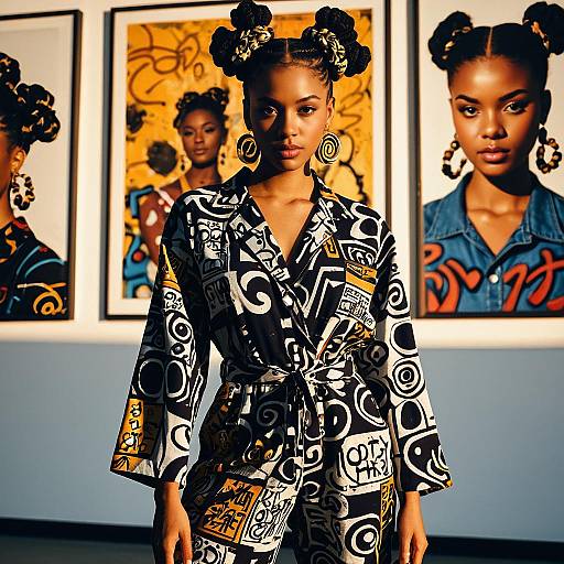 Fashion Model with Bantu Knots Hairstyle in Graffiti Jumpsuit