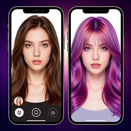 Photograph of two smartphones side-by-side, showing a brunette woman on the left and a woman with pink-purple hair on the right, both with white