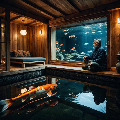 Man Meditating Beside Indoor Koi Pond