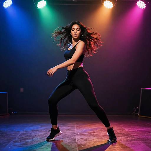 Woman Dancing Under Colorful Stage Lights