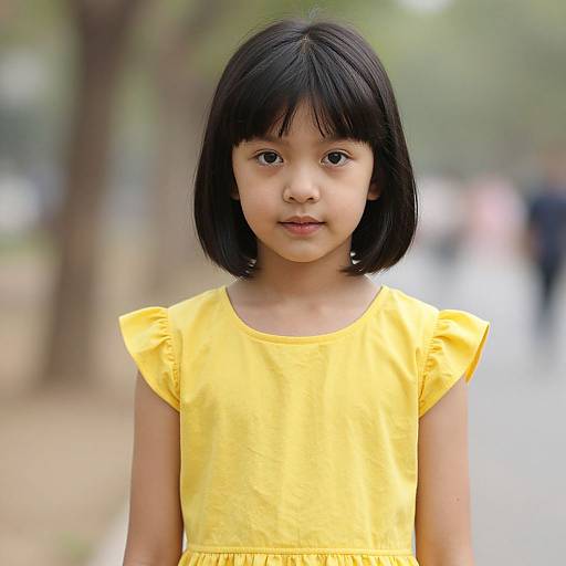 Photograph of a young Asian girl with straight black hair, wearing a bright yellow dress, standing in a blurred outdoor park.
