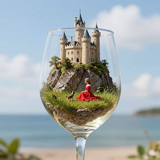 Photograph of a glass goblet containing a miniature castle on a grassy rock, with a red-cloaked figure sitting, set against a sunny