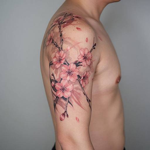 Photograph of a shirtless male with a detailed cherry blossom tattoo on his right shoulder, featuring pink flowers and brown branches, against a plain gray background