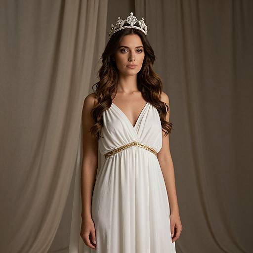 Photograph of a woman with long brown hair, wearing a white V-neck dress with a gold belt, and a silver tiara, standing against draped