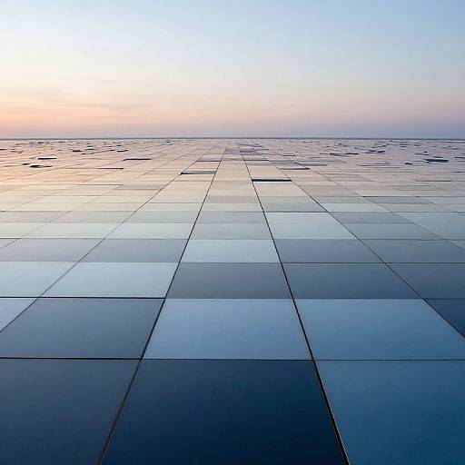Photograph of a modern, reflective, grid-patterned building facade at sunset, with a gradient sky from blue to pink.