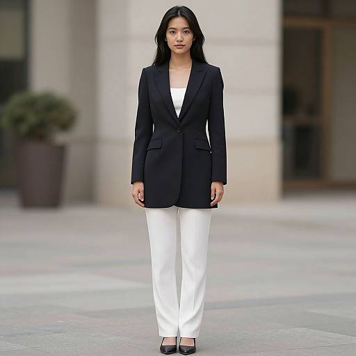 Photograph of an East Asian woman with long black hair, wearing a black blazer, white top, and white pants, standing confidently on a city