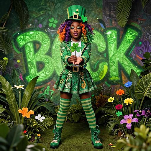 Colorful Irish-themed photograph: Curly-haired woman with multicolored hair, green outfit, striped stockings, top hat, standing in vibrant garden with