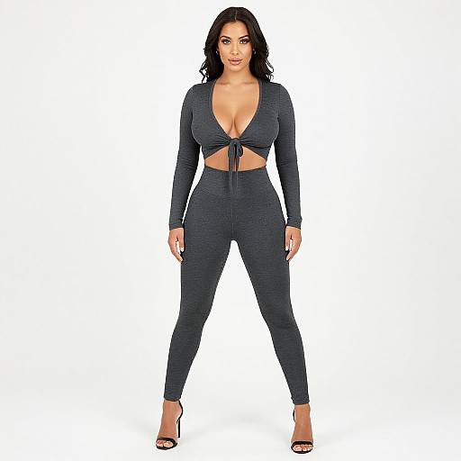 Photograph of a curvy woman with long black hair, wearing a deep V-neck, long-sleeve, navy blue crop top and matching high