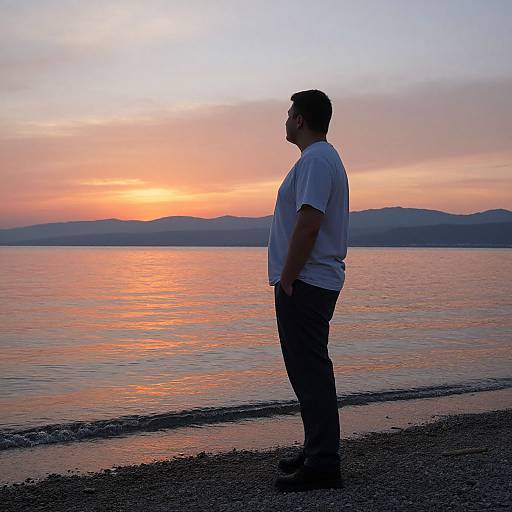 Photograph of a man in a white t-shirt and dark pants standing on a pebbled beach, facing a serene sunset over a calm lake.