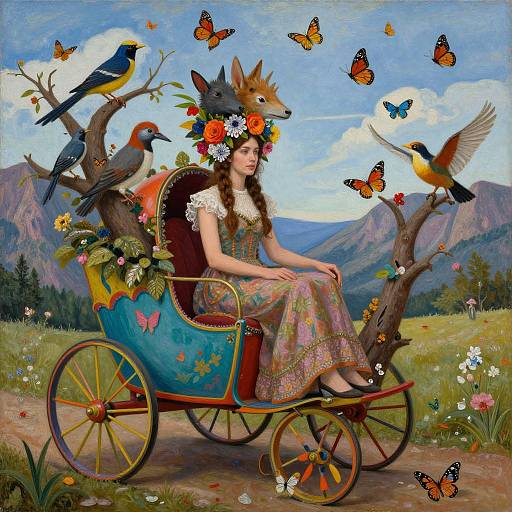 Digital painting: Fairytale woman in floral dress and fox headpiece, seated in colorful carriage, surrounded by birds and butterflies, mountain backdrop.
