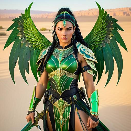 Fantasy Warrior Woman with Green Armor and Wings in Desert