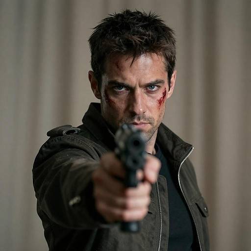 Bloodied Blue-Eyed Man Aiming Gun