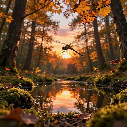 Photograph of a detailed dragonfly hovering over a reflective forest stream during sunset, surrounded by vibrant orange leaves and moss-covered rocks.