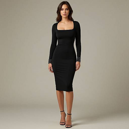 Photograph of a woman with wavy brown hair, wearing a form-fitting black long-sleeve dress, black stiletto heels, standing