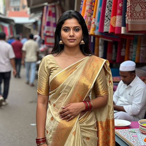 Photograph of an Indian woman in a gold and orange silk saree, black hair, gold earrings, red bangles, standing on a busy street