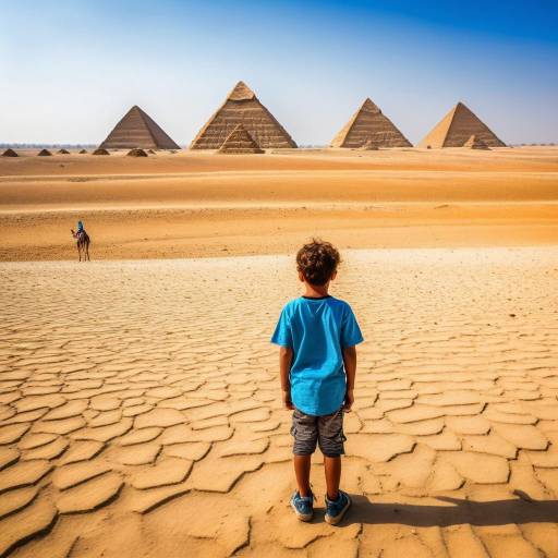 Young Boy in a Desert with Pyramids