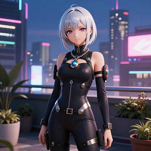 Anime Female Character on Urban Rooftop