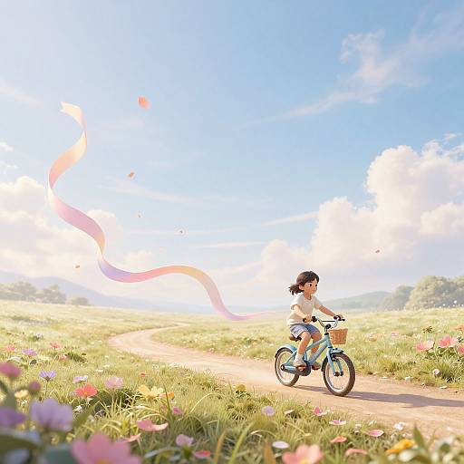 Digital art: Young girl with pigtails rides blue bicycle on sunny meadow, pink ribbons floating, colorful flowers, clear blue sky.