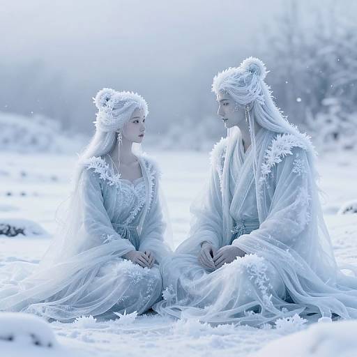 Photograph of two ethereal, white-haired women in flowing, frosty gowns, kneeling in a snowy landscape, gazing at each other with