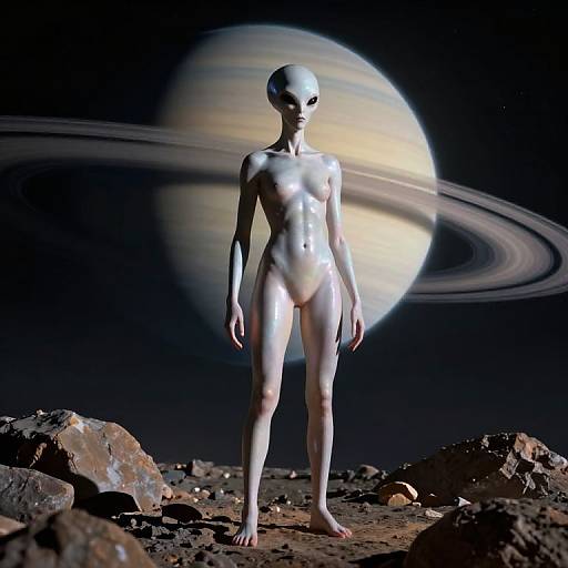 Photorealistic CGI of a nude, slender, alien woman with a bald head and large eyes, standing on a rocky planet surface with Saturn and its