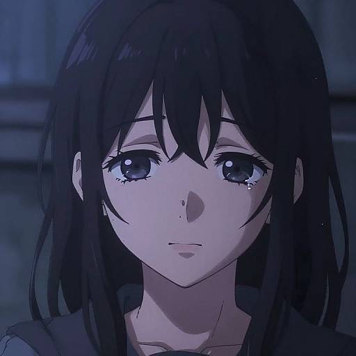 Anime-style digital drawing of a sad young woman with long black hair, blue eyes, and tearful eyes, illuminated in blue light.