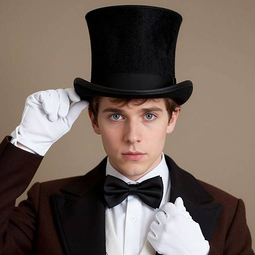 Photograph of a young man with blue eyes, wearing a black top hat, white gloves, black bow tie, and brown jacket, saluting against
