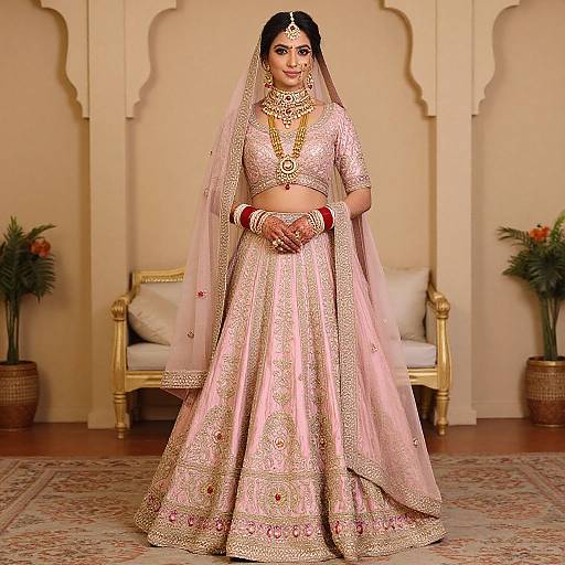Photograph of an Indian bride in a pink embroidered lehenga, matching dupatta, and gold jewelry, standing in a traditional, ornate room.