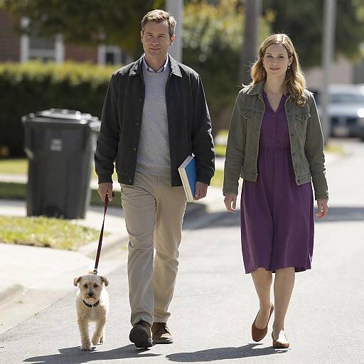 Couple Walking Small Dog on Suburban Street