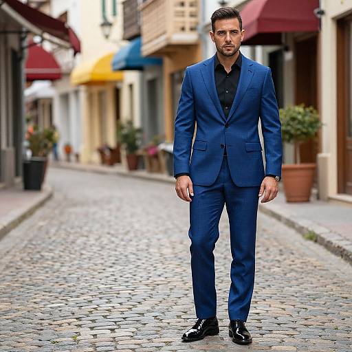 Photograph of a stylish, dark-haired man in a blue suit, black shirt, and polished black shoes walking down a cobblestone street with colorful