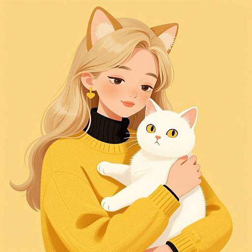 Digital anime-style drawing of a blonde woman with cat ears, yellow sweater, and heart earrings, smiling while holding a white cat with yellow eyes against a