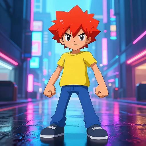 Digital art of a red-haired anime boy with spiky hair, wearing a yellow shirt, blue jeans, and black shoes, standing confidently in a neon