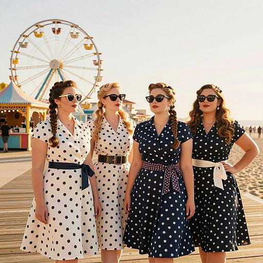 Plus-Size Women in 1950s Polka-Dot Dresses at Boardwalk