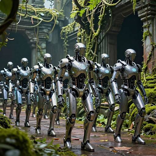 Photorealistic CGI of shiny silver humanoid robots standing in a moss-covered, dimly lit, ancient ruin hallway, illuminated by soft green light.