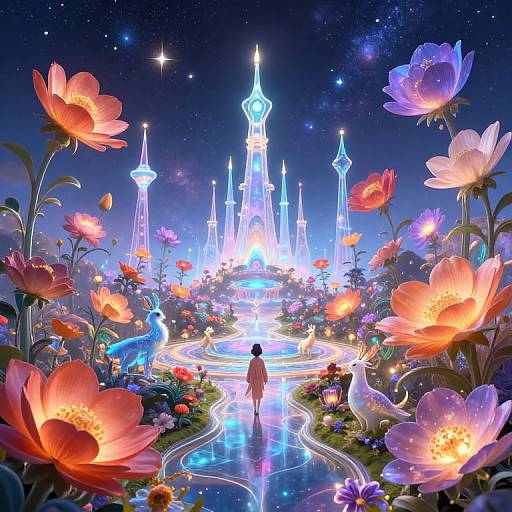 Cosmic Garden with Celestial Flowers and Towering Spires