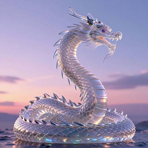 Photorealistic CGI of a glowing, silver dragon with intricate scales and sharp spikes, coiled against a pastel sunset sky.