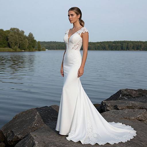 Photograph of a slender, light-skinned woman with brown hair in a white, lace-trimmed, V-neck, mermaid-style wedding dress