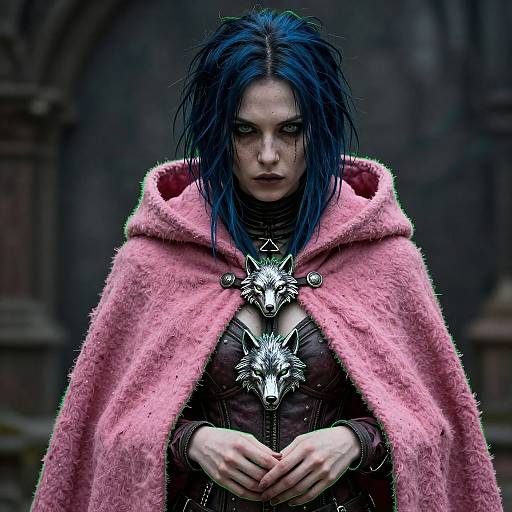 Photorealistic digital art: Pale-skinned woman with blue hair, intense gaze, wearing pink fuzzy cloak, black leather outfit, wolf-head necklaces
