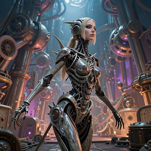 Cyberpunk-style digital artwork of a blonde, metallic, humanoid female robot with spiked armor in a futuristic, industrial, neon-lit factory.