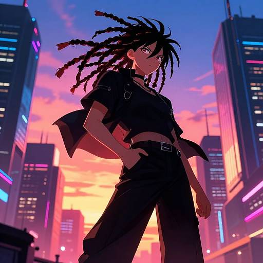 Anime-style digital artwork of a dark-haired, dreadlock girl in black clothes, standing confidently in a neon-lit futuristic cityscape at sunset.