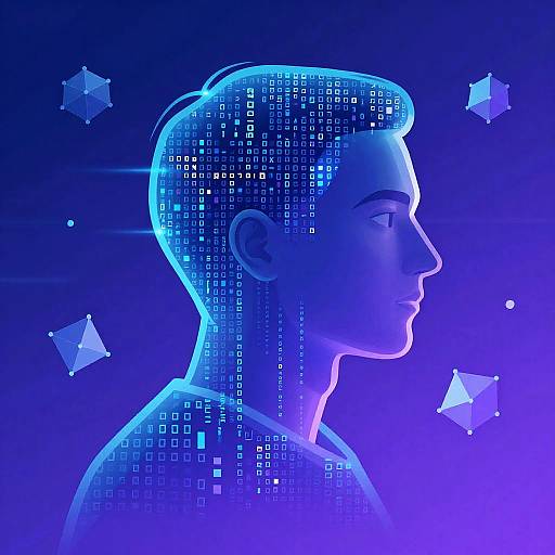 Digital artwork of a glowing blue, tech-savvy profile of a man with binary code filling his head, surrounded by floating geometric shapes against a dark
