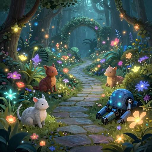 Digital artwork: Enchanted forest with glowing flowers, four whimsical creatures (two cats, a mouse, a robot) on a stone path under