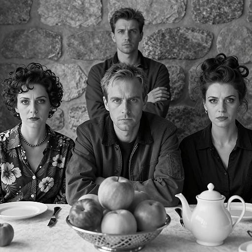 Black and White Portrait of Four Adults at Table