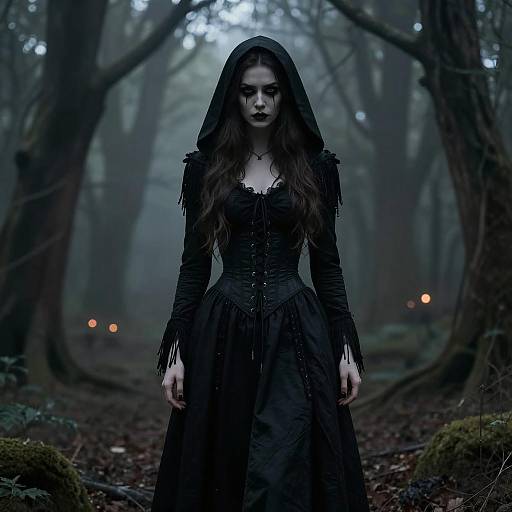 Gothic Woman in Black Hooded Dress in Misty Forest