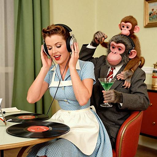 Vintage-style photograph of a red-lipped woman in a blue polka-dot dress with white apron, listening to headphones, seated beside a suited monkey