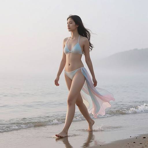 Ethereal Bikini Walk on Coastal Shore