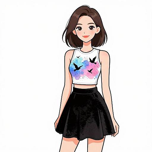 Digital anime-style drawing of a cute young woman with short brown hair, wearing a white crop top with blue, pink, and black bird patterns, and