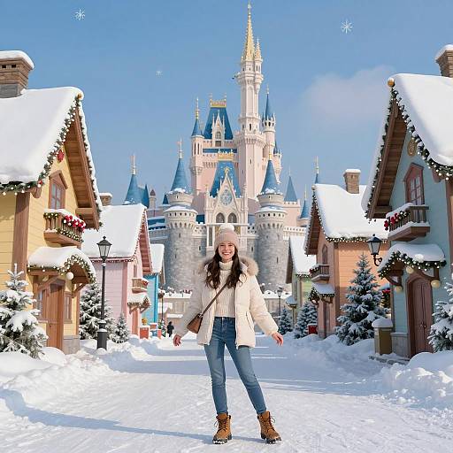 Woman in Snowy Winter Village with Castle