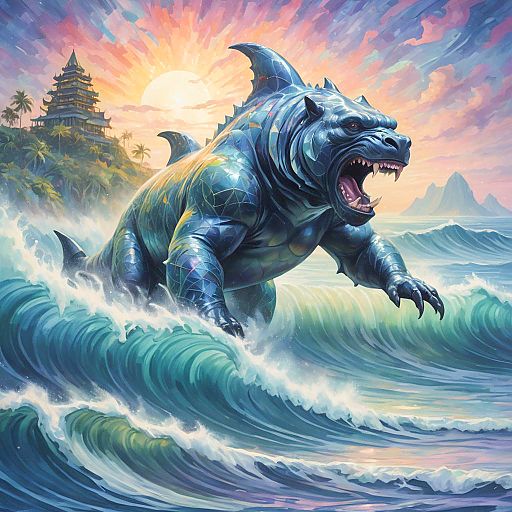Shark-Gorilla Hybrid in Impressionist Landscape