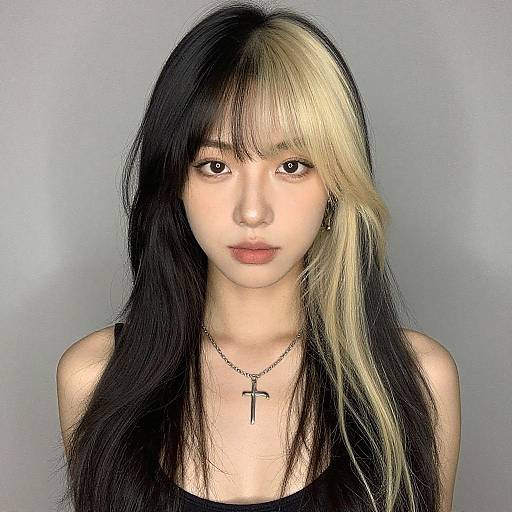 Photograph of an Asian woman with long, black and blonde-highlighted hair, wearing a black tank top and a silver cross necklace, against a plain